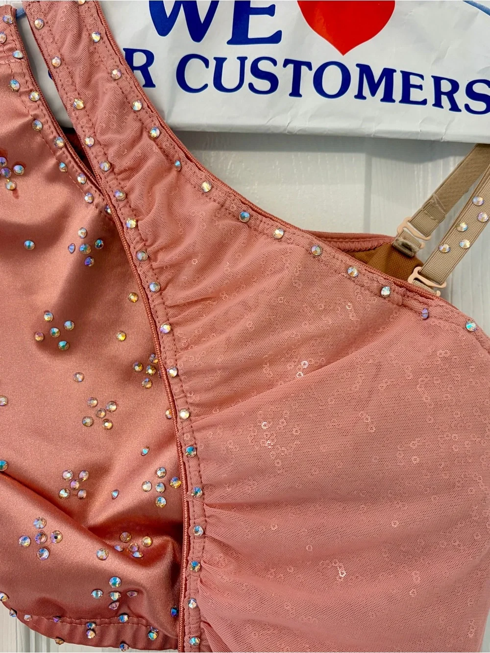 CXL Light Pink Satin Dance Costume with Sequins and Stones and Asymetrical Skirt